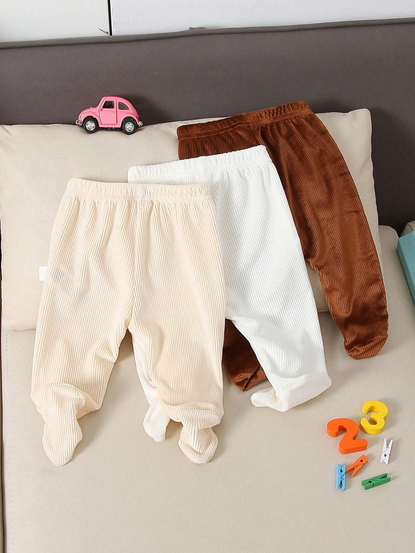 Playful Pals 3pcs/Set Newborn Baby Boys Girls Casual Solid Color & Striped Ribbed Knit Elastic Footless Pants,Soft & Comfortable Daily Wear All Seasons Trousers