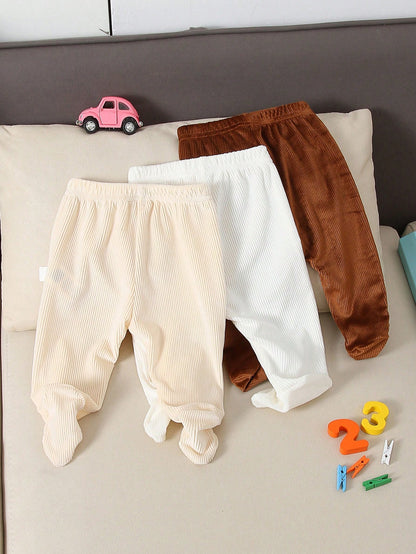 Playful Pals 3pcs/Set Newborn Baby Boys Girls Casual Solid Color & Striped Ribbed Knit Elastic Footless Pants,Soft & Comfortable Daily Wear All Seasons Trousers