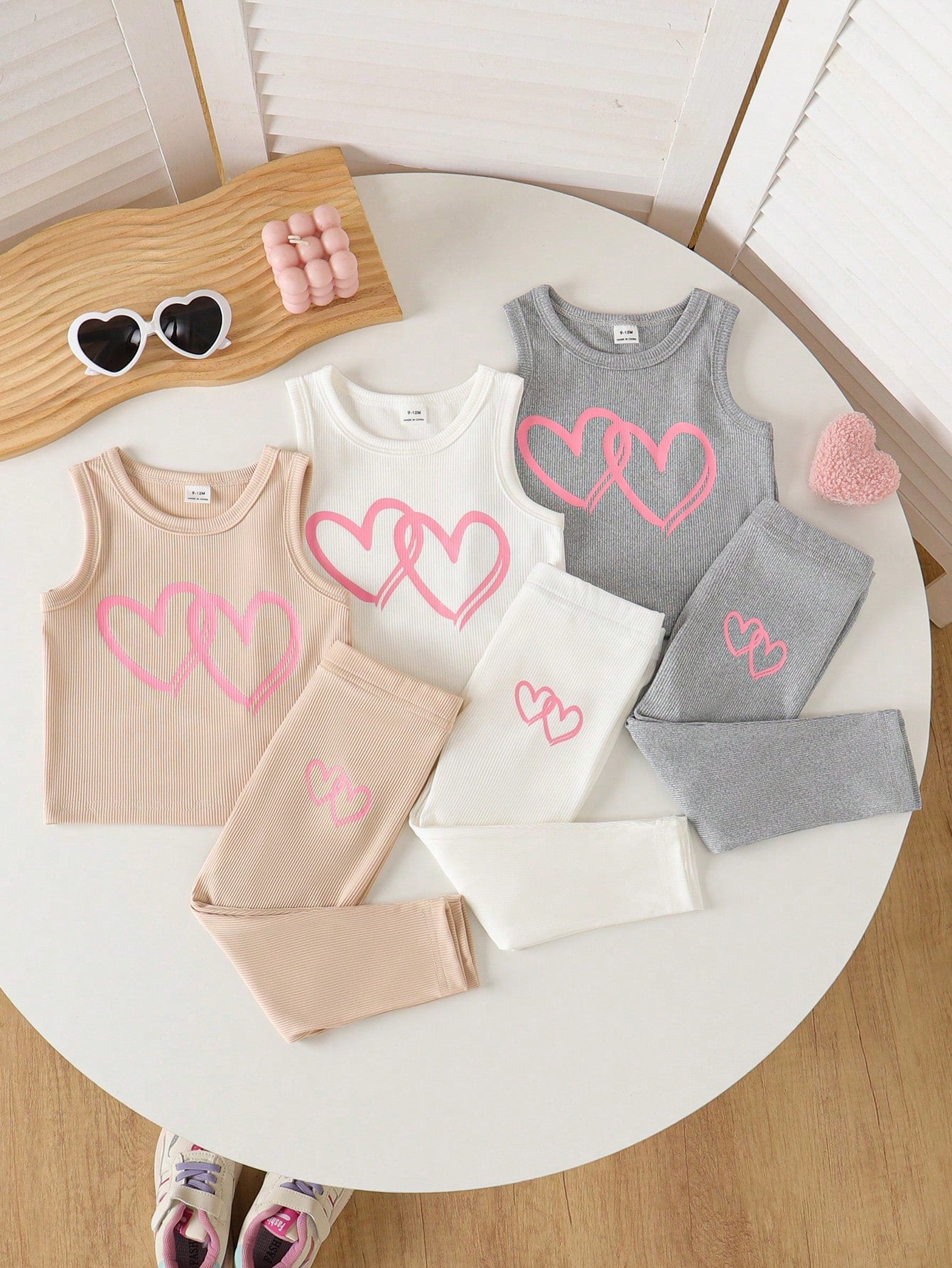 Playful Pals 6Pcs Baby Girl Heart Print Ribbed Tank Top And Elastic Pants Set Pink And White Summer Casual Cute Work Spring Outdoor Sports Sleeveless Outfit