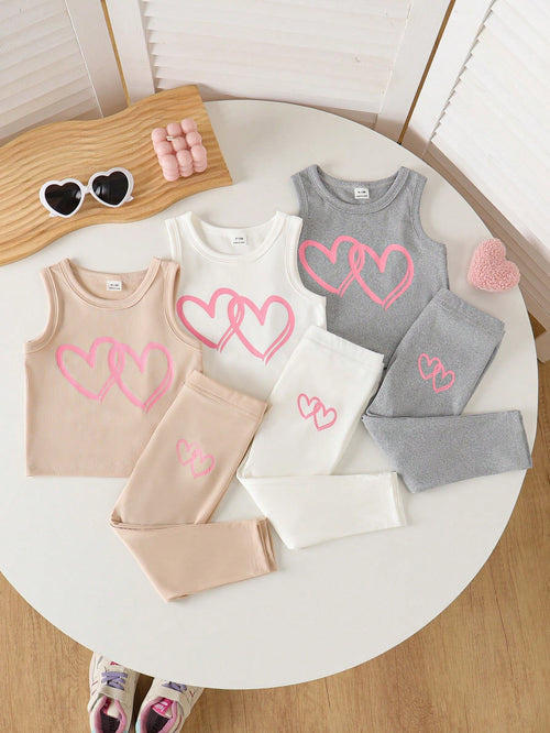 Playful Pals 6Pcs Baby Girl Heart Print Ribbed Tank Top And Elastic Pants Set Pink And White Summer Casual Cute Work Spring Outdoor Sports Sleeveless Outfit