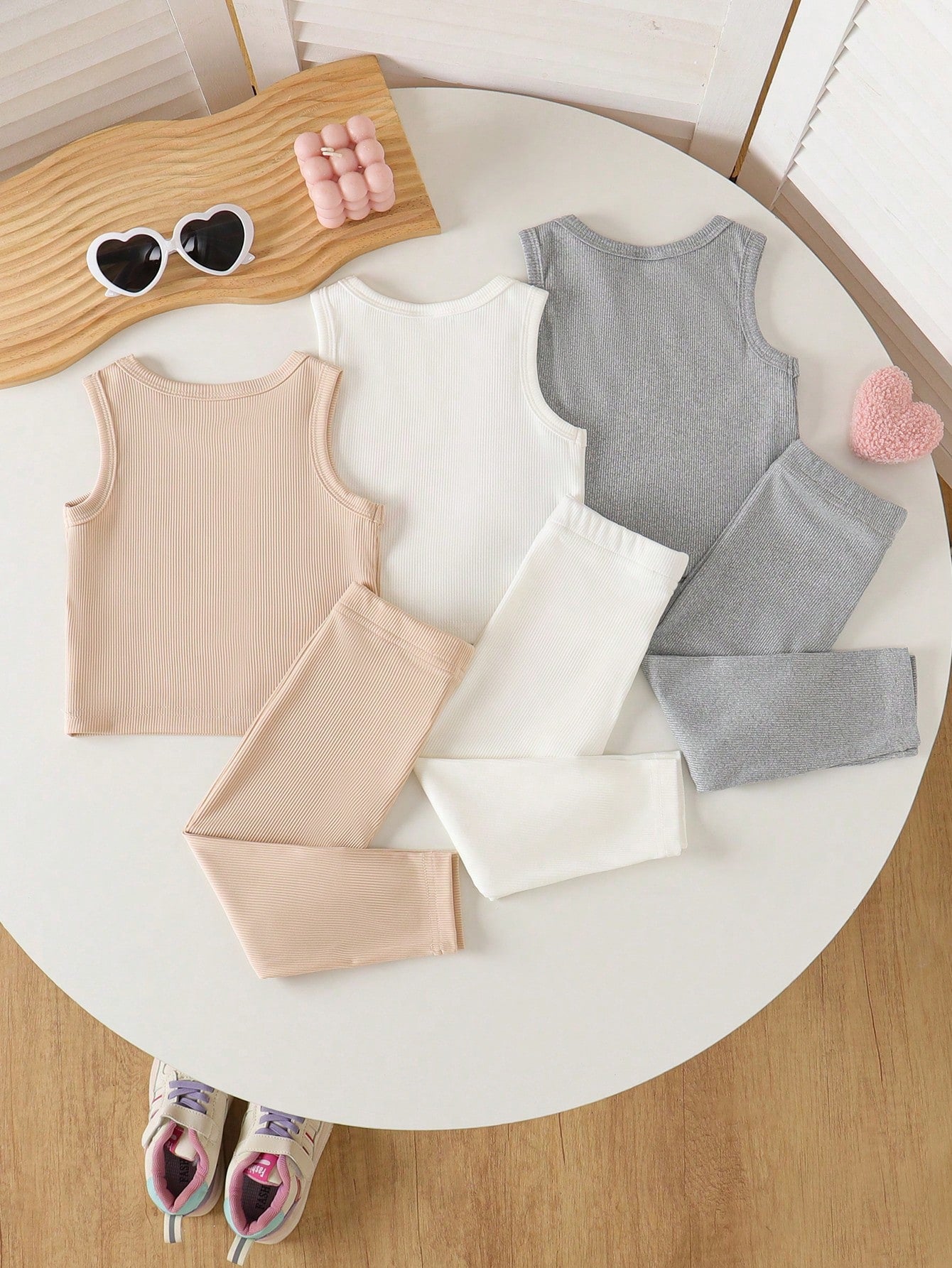 Playful Pals 6Pcs Baby Girl Heart Print Ribbed Tank Top And Elastic Pants Set Pink And White Summer Casual Cute Work Spring Outdoor Sports Sleeveless Outfit