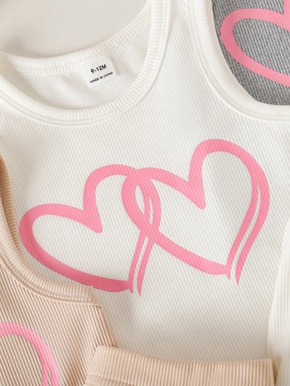 Playful Pals 6Pcs Baby Girl Heart Print Ribbed Tank Top And Elastic Pants Set Pink And White Summer Casual Cute Work Spring Outdoor Sports Sleeveless Outfit