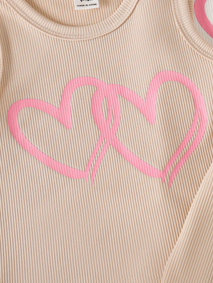 Playful Pals 6Pcs Baby Girl Heart Print Ribbed Tank Top And Elastic Pants Set Pink And White Summer Casual Cute Work Spring Outdoor Sports Sleeveless Outfit