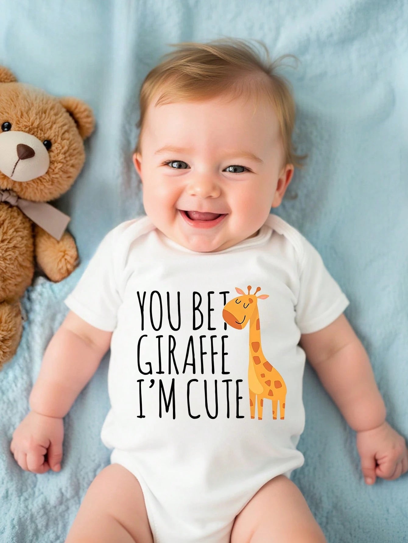 Playful Pals Baby Boy Casual Cute Minimalist Cartoon Giraffe & Slogan Print Short Sleeve Bodysuit, Summer Novelty Print Bodysuit