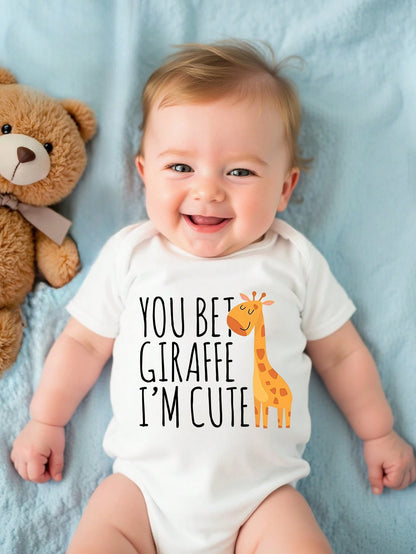 Playful Pals Baby Boy Casual Cute Minimalist Cartoon Giraffe & Slogan Print Short Sleeve Bodysuit, Summer Novelty Print Bodysuit