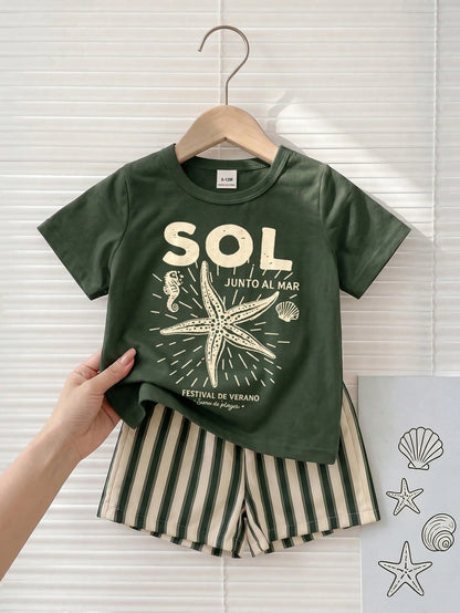 Playful Pals Baby Boy T-Shirt Set, Starfish Pattern Round Neck Soft Knit Short Sleeve Top With Matching Striped Woven Short Sleeve Shorts, Cute Fashion Versatile Basic Pastoral Vacation Country