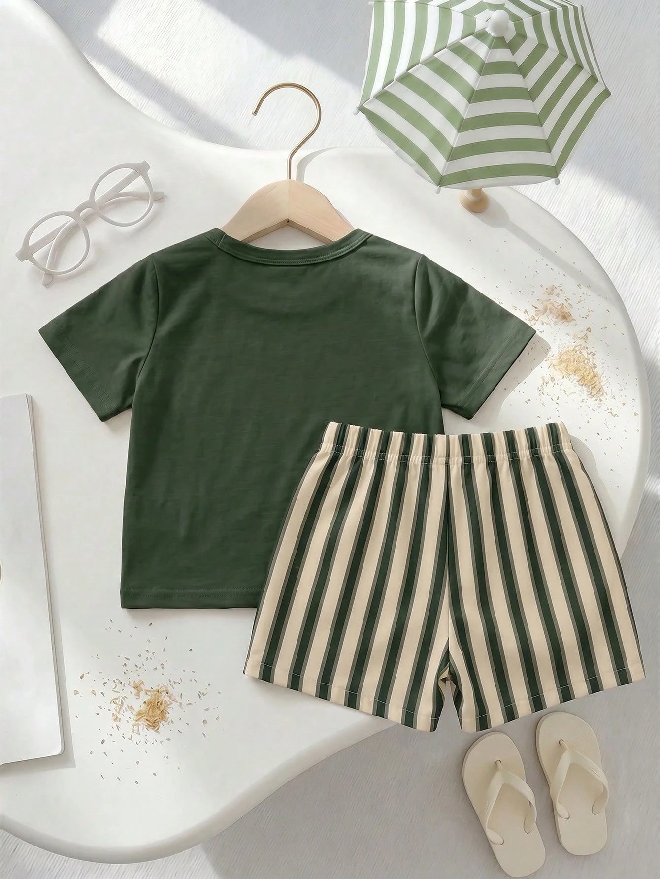 Playful Pals Baby Boy T-Shirt Set, Starfish Pattern Round Neck Soft Knit Short Sleeve Top With Matching Striped Woven Short Sleeve Shorts, Cute Fashion Versatile Basic Pastoral Vacation Country