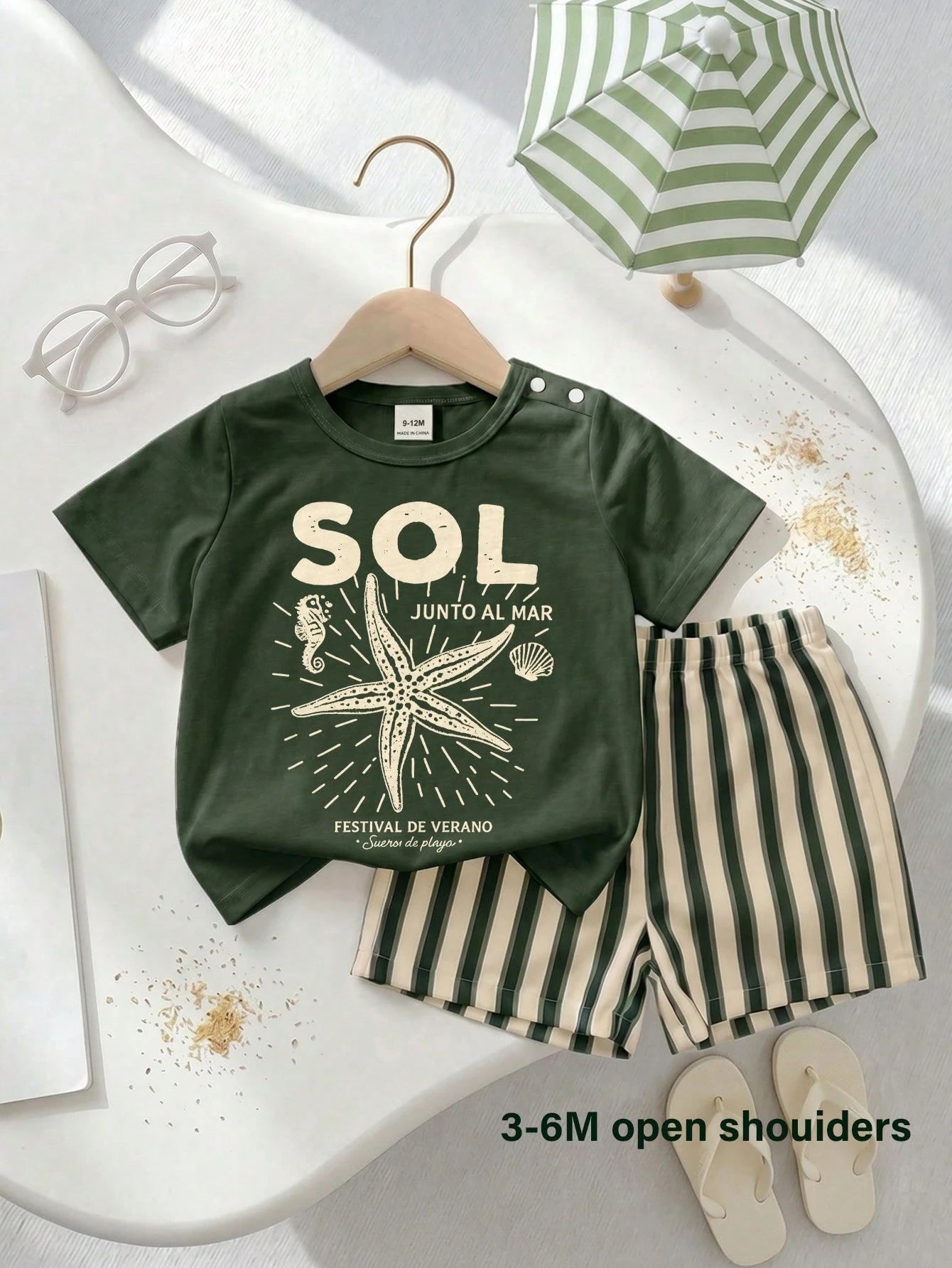 Playful Pals Baby Boy T-Shirt Set, Starfish Pattern Round Neck Soft Knit Short Sleeve Top With Matching Striped Woven Short Sleeve Shorts, Cute Fashion Versatile Basic Pastoral Vacation Country