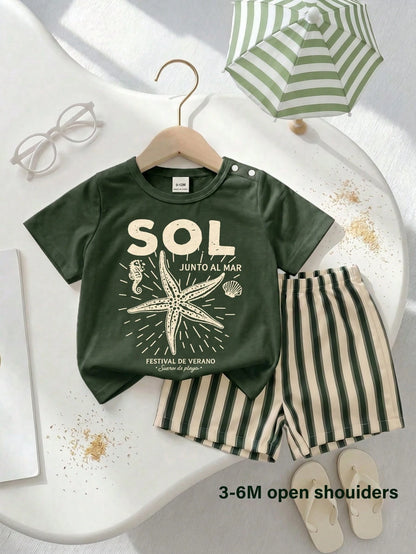 Playful Pals Baby Boy T-Shirt Set, Starfish Pattern Round Neck Soft Knit Short Sleeve Top With Matching Striped Woven Short Sleeve Shorts, Cute Fashion Versatile Basic Pastoral Vacation Country