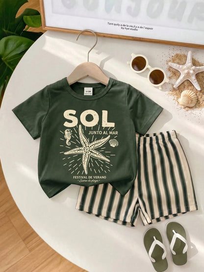 Playful Pals Baby Boy T-Shirt Set, Starfish Pattern Round Neck Soft Knit Short Sleeve Top With Matching Striped Woven Short Sleeve Shorts, Cute Fashion Versatile Basic Pastoral Vacation Country