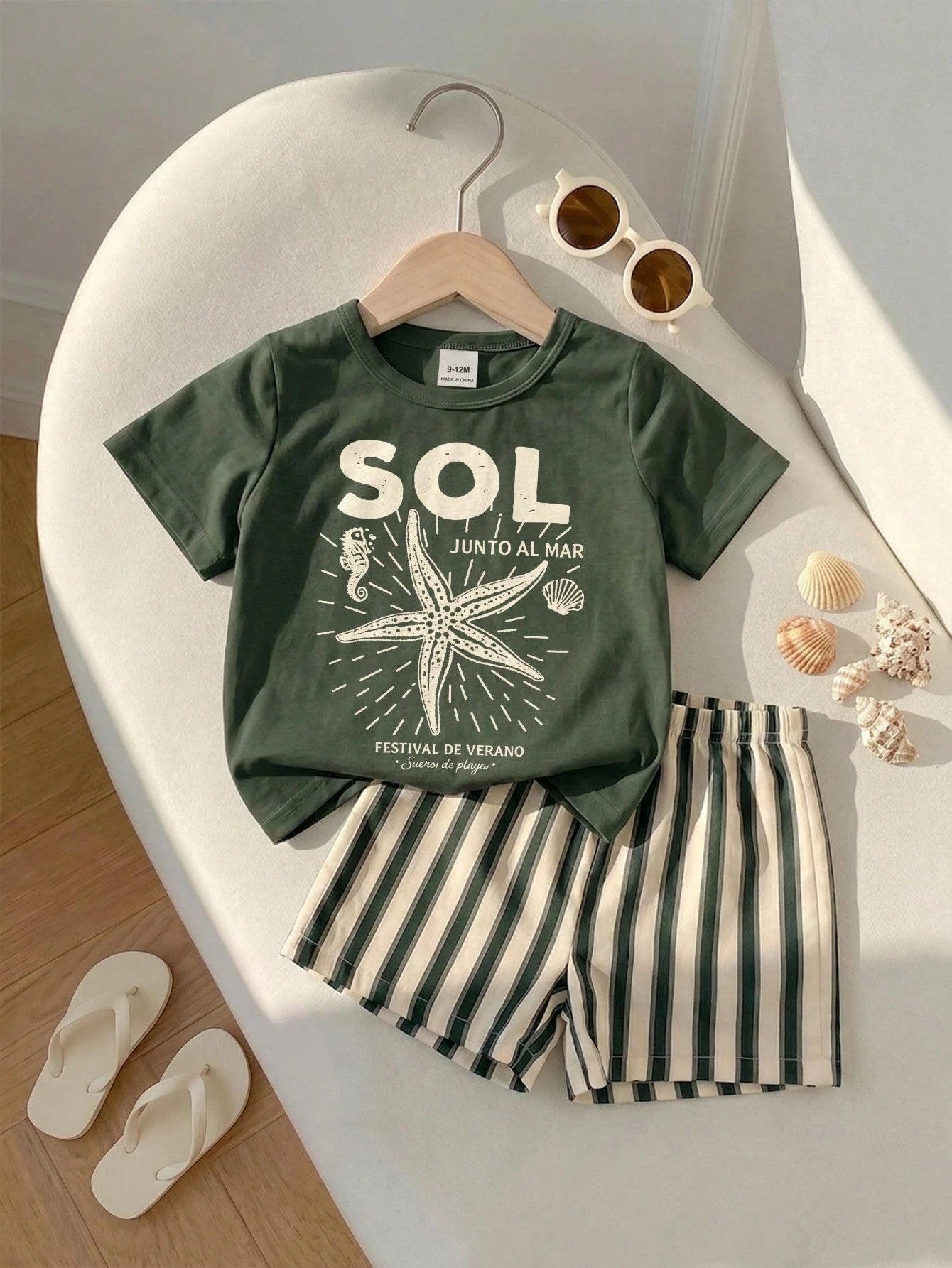 Playful Pals Baby Boy T-Shirt Set, Starfish Pattern Round Neck Soft Knit Short Sleeve Top With Matching Striped Woven Short Sleeve Shorts, Cute Fashion Versatile Basic Pastoral Vacation Country