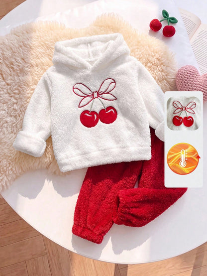 Playful Pals Baby Girl Autumn/Winter Thick Cherry Embroidered Fleece Hooded Sweatshirt And Sweatpants Set, Suitable For Daily Casual Wear