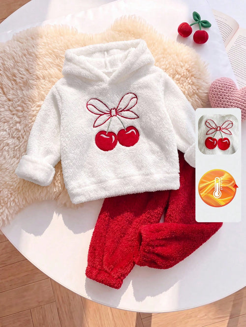 Playful Pals Baby Girl Autumn/Winter Thick Cherry Embroidered Fleece Hooded Sweatshirt And Sweatpants Set, Suitable For Daily Casual Wear