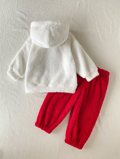 Playful Pals Baby Girl Autumn/Winter Thick Cherry Embroidered Fleece Hooded Sweatshirt And Sweatpants Set, Suitable For Daily Casual Wear