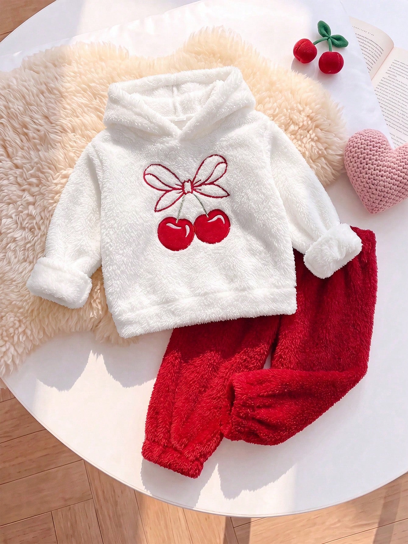 Playful Pals Baby Girl Autumn/Winter Thick Cherry Embroidered Fleece Hooded Sweatshirt And Sweatpants Set, Suitable For Daily Casual Wear