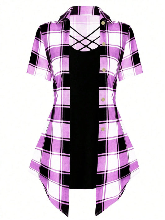 Plus Plaid Print Crisscross Front Tee Graphic Tees Women Tops
