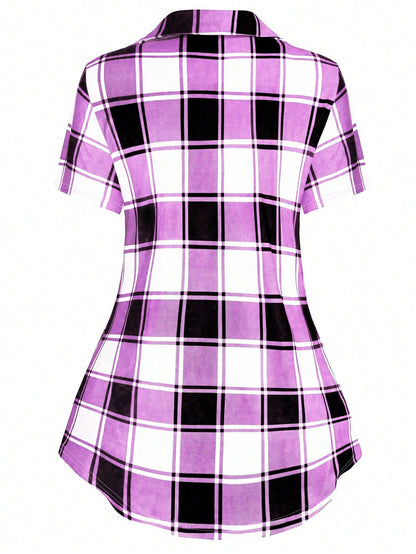 Plus Plaid Print Crisscross Front Tee Graphic Tees Women Tops
