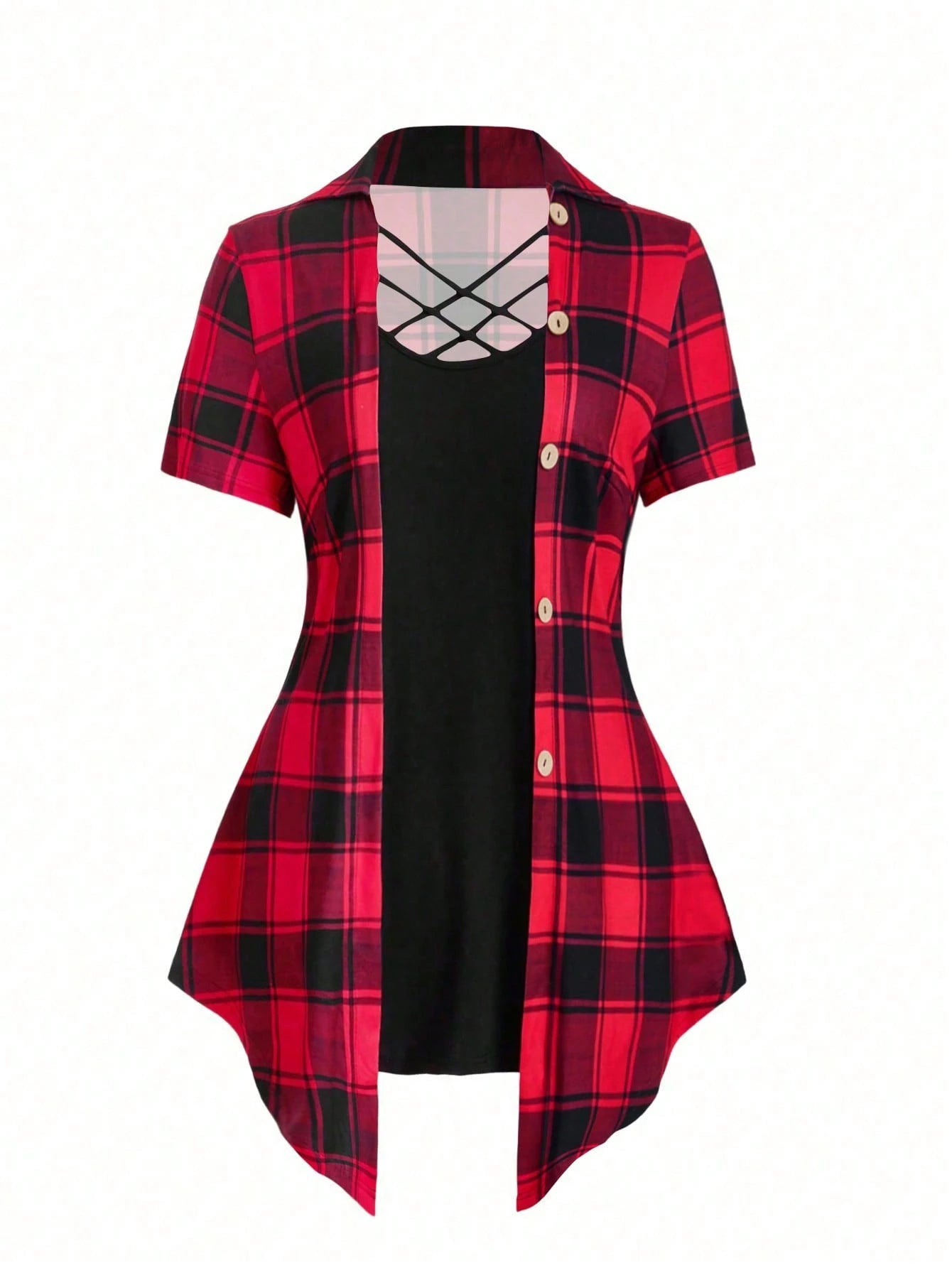Plus Plaid Print Crisscross Front Tee Graphic Tees Women Tops