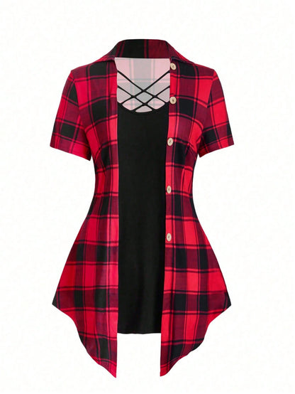 Plus Plaid Print Crisscross Front Tee Graphic Tees Women Tops