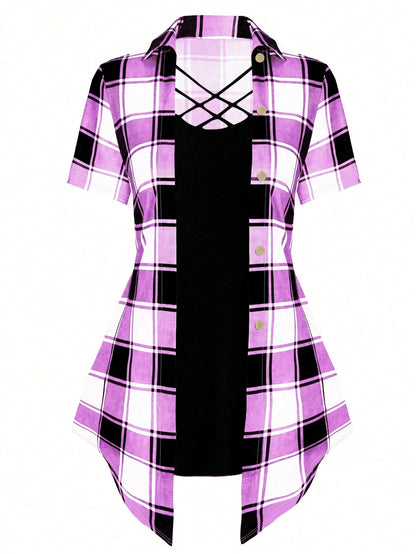 Plus Plaid Print Crisscross Front Tee Graphic Tees Women Tops