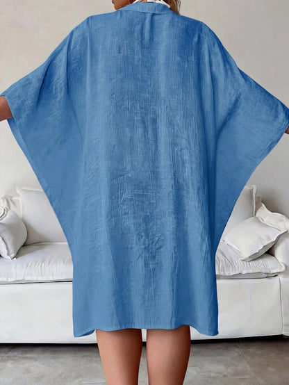 Plus Size Blue Long Beach Cover-Up Dress, Collar, Semi-Sheer Woven Fabric, Perfect For Summer/Autumn Vacation Wear With Bikini