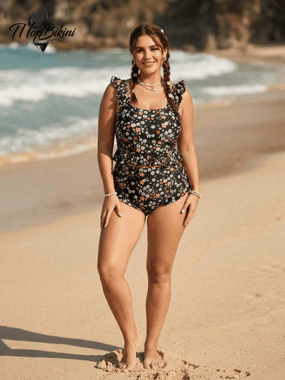 Plus Size Boho Floral High Waist Tiered Layer Tankini Set Sleeveless Scoop Neck Crop Top Swimwear