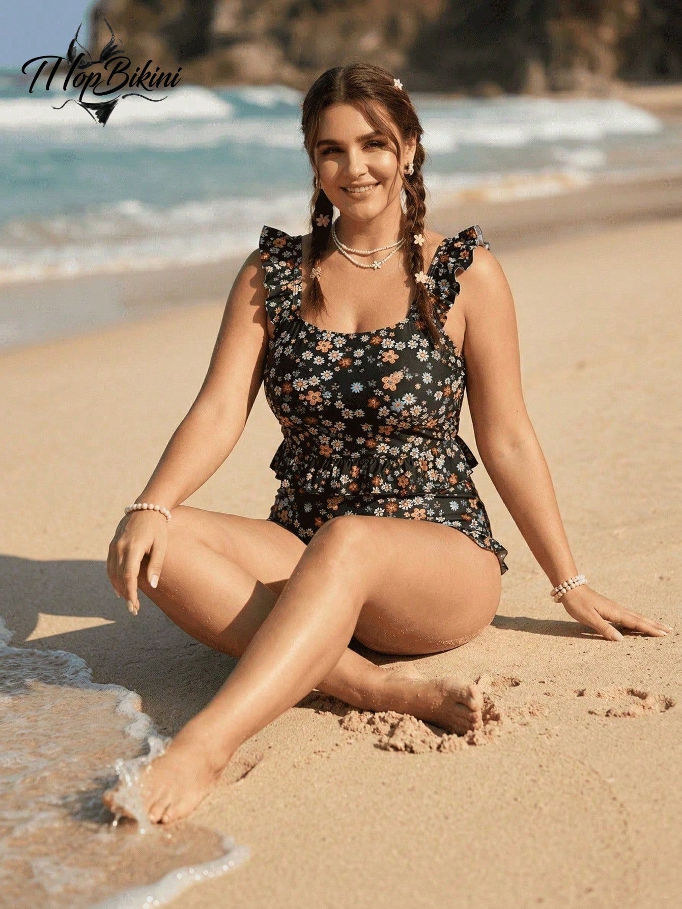 Plus Size Boho Floral High Waist Tiered Layer Tankini Set Sleeveless Scoop Neck Crop Top Swimwear