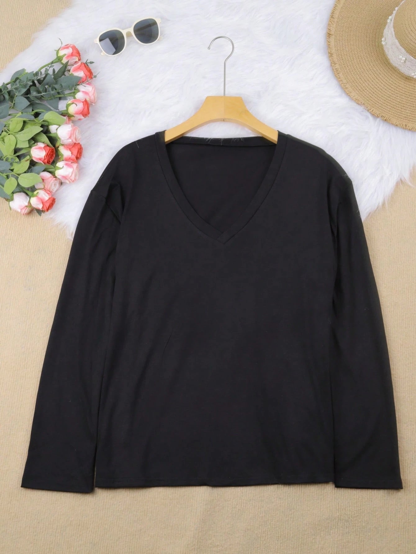 Plus Size Casual Solid V-Neck Simple Fashion T-Shirt Black