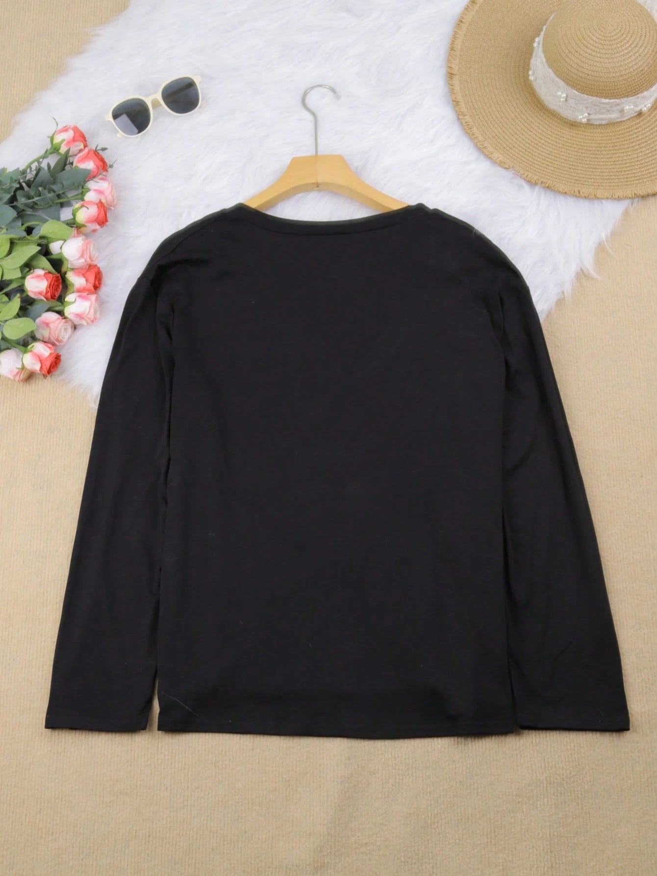 Plus Size Casual Solid V-Neck Simple Fashion T-Shirt Black