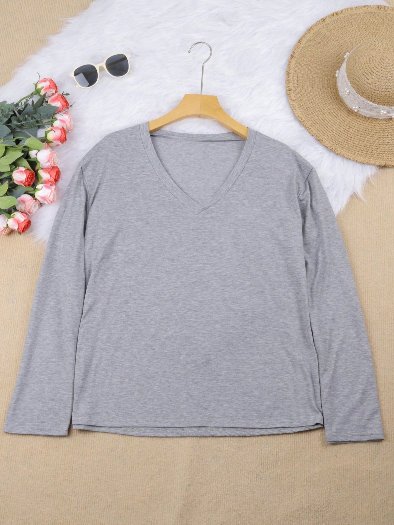 Plus Size Casual Solid V-Neck Simple Fashion T-Shirt Black