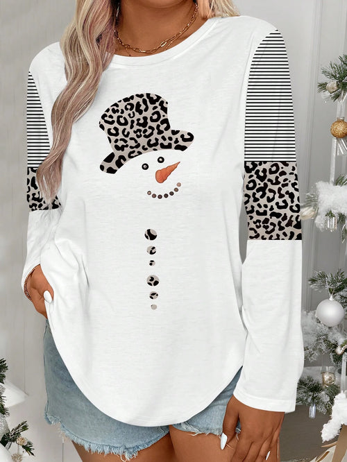 Plus Size Christmas Snowman & Leopard Print Long Sleeve T-Shirt, Casual And Fashionable Graphic Print Tees Women Tops For Spring