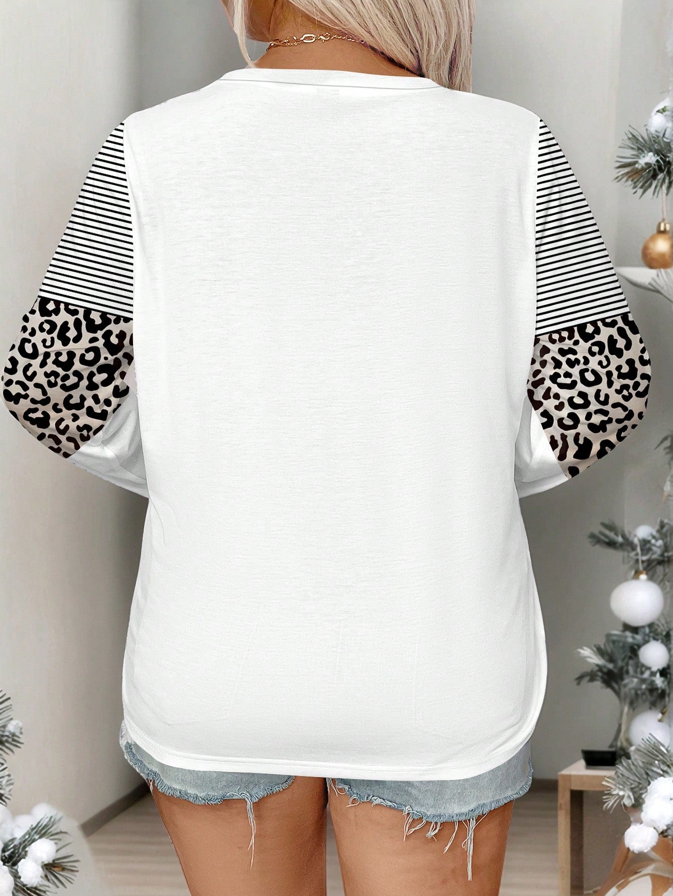 Plus Size Christmas Snowman & Leopard Print Long Sleeve T-Shirt, Casual And Fashionable Graphic Print Tees Women Tops For Spring