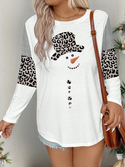 Plus Size Christmas Snowman & Leopard Print Long Sleeve T-Shirt, Casual And Fashionable Graphic Print Tees Women Tops For Spring
