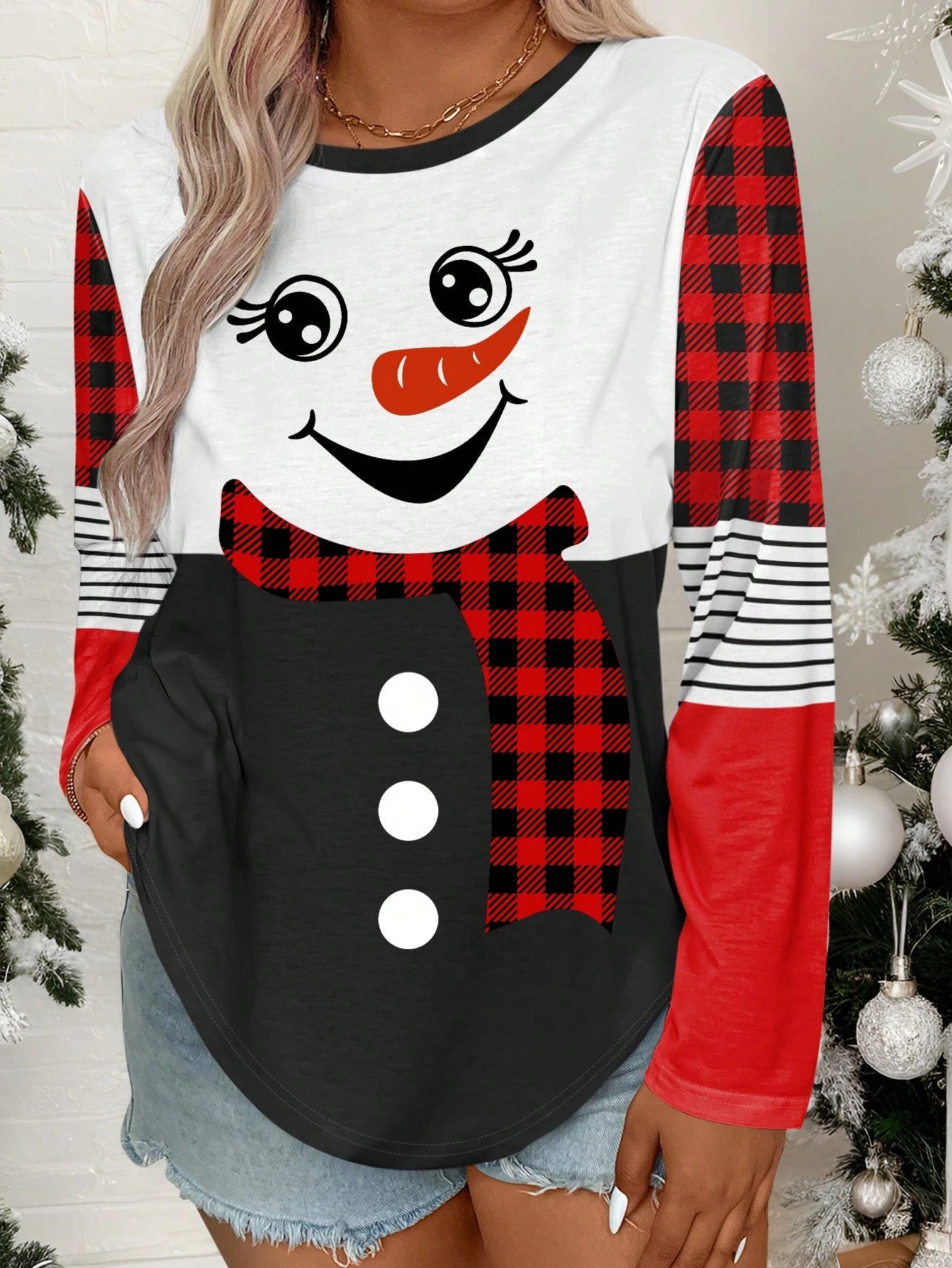 Plus Size Christmas Snowman & Leopard Print Long Sleeve T-Shirt, Casual And Fashionable Graphic Print Tees Women Tops For Spring