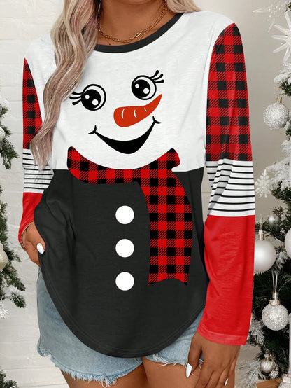 Plus Size Christmas Snowman & Leopard Print Long Sleeve T-Shirt, Casual And Fashionable Graphic Print Tees Women Tops For Spring