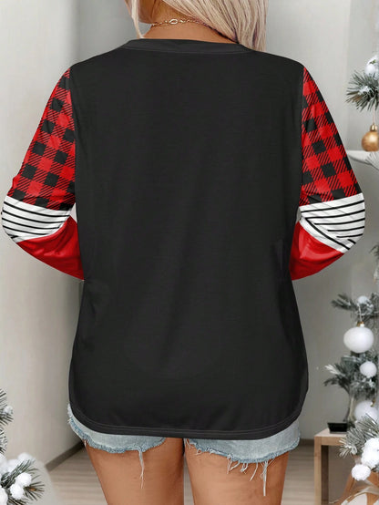 Plus Size Christmas Snowman & Leopard Print Long Sleeve T-Shirt, Casual And Fashionable Graphic Print Tees Women Tops For Spring