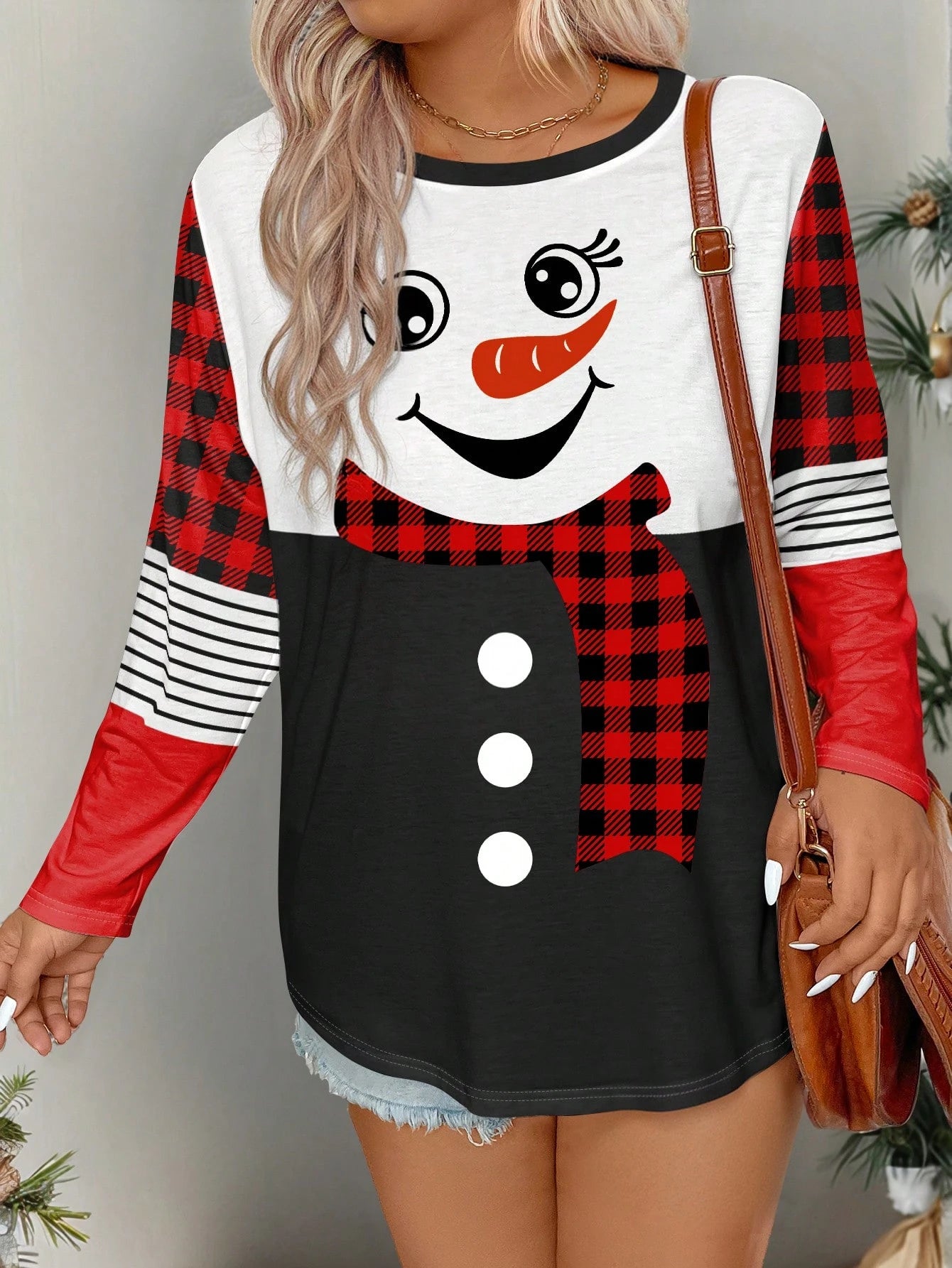 Plus Size Christmas Snowman & Leopard Print Long Sleeve T-Shirt, Casual And Fashionable Graphic Print Tees Women Tops For Spring