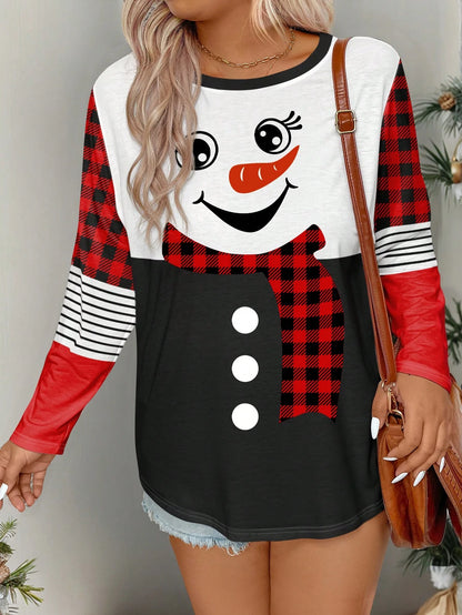 Plus Size Christmas Snowman & Leopard Print Long Sleeve T-Shirt, Casual And Fashionable Graphic Print Tees Women Tops For Spring