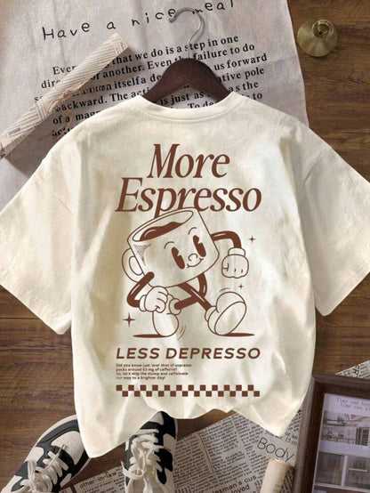 Plus-Size Coffee Club Pattern Loose-Fitting Crew Neck Short-Sleeved T-Shirt, Women's Summer Clothing, Suitable For Everyday Wear. Casual
