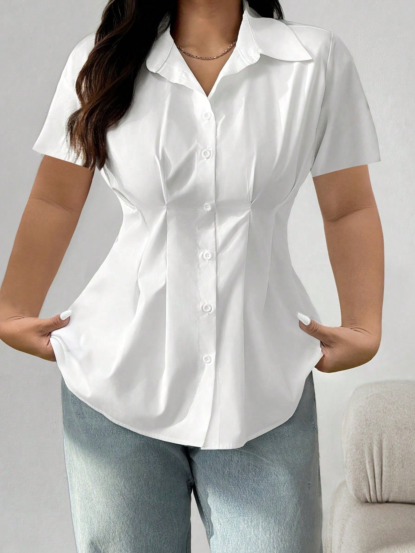 Plus Size Elegant Solid Color Short Sleeve Button Down Shirt- Casual Weekend Top, Collared, Non-Stretch Fabric, Suitable For All Seasons, Casual, Elegant Shirt, Fashionable Button Shirt White Summer