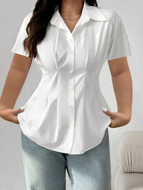 Plus Size Elegant Solid Color Short Sleeve Button Down Shirt- Casual Weekend Top, Collared, Non-Stretch Fabric, Suitable For All Seasons, Casual, Elegant Shirt, Fashionable Button Shirt White Summer