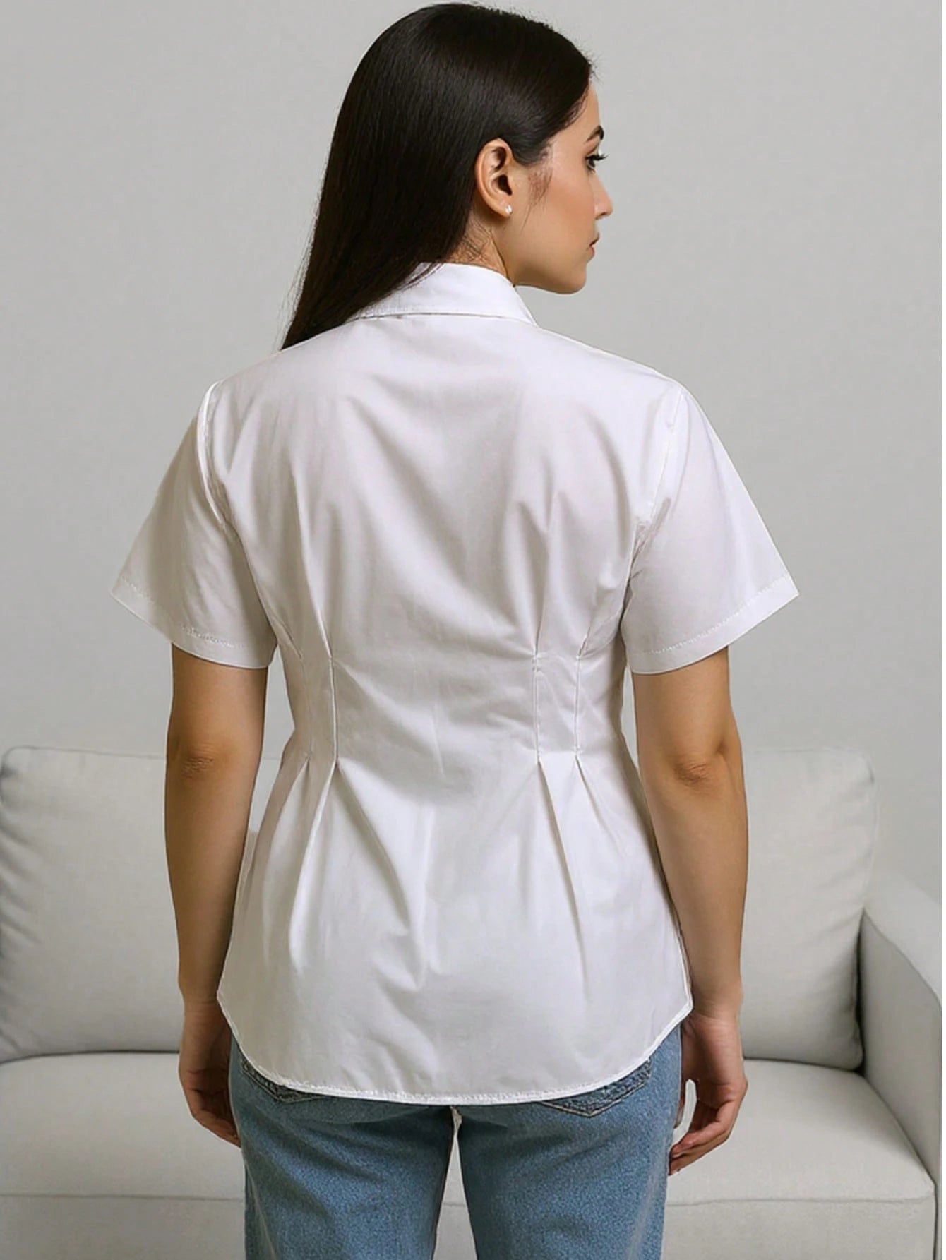 Plus Size Elegant Solid Color Short Sleeve Button Down Shirt- Casual Weekend Top, Collared, Non-Stretch Fabric, Suitable For All Seasons, Casual, Elegant Shirt, Fashionable Button Shirt White Summer