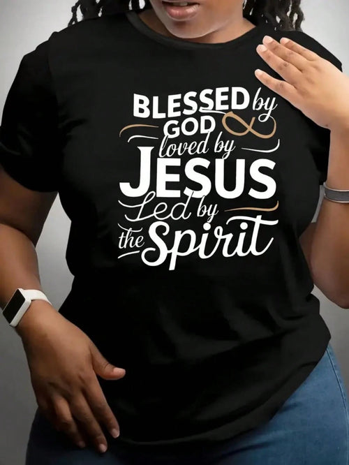 Plus Size Inspirational Religious Quote Short Sleeve T Shirt Women By GOD Loved By JESUS Led By The Spirit Text Cotton Size L-5XL