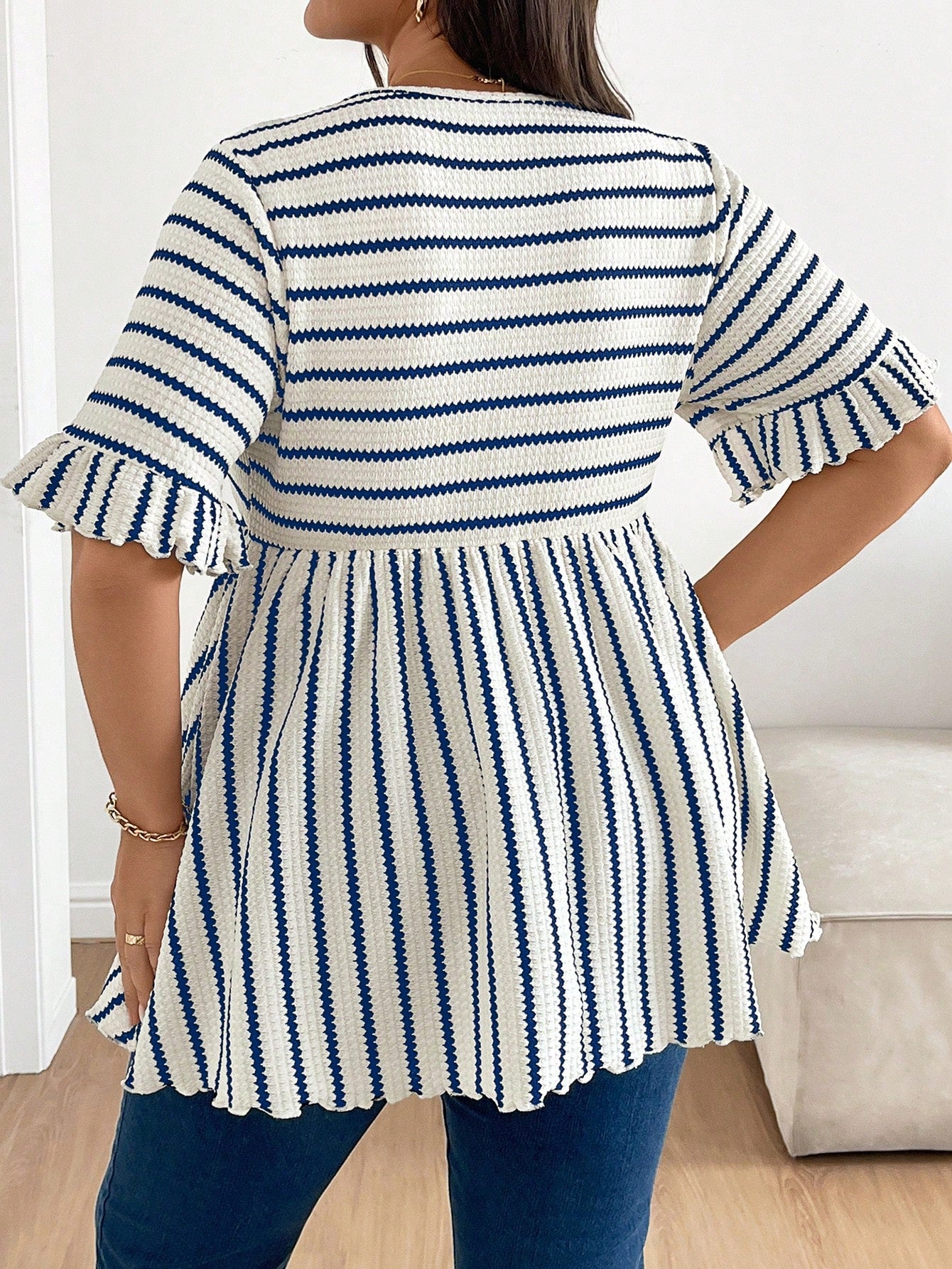 Plus Size Maternity Striped Print Round Neck Casual Short Sleeve Top Fall