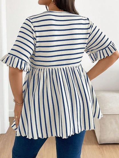 Plus Size Maternity Striped Print Round Neck Casual Short Sleeve Top Fall