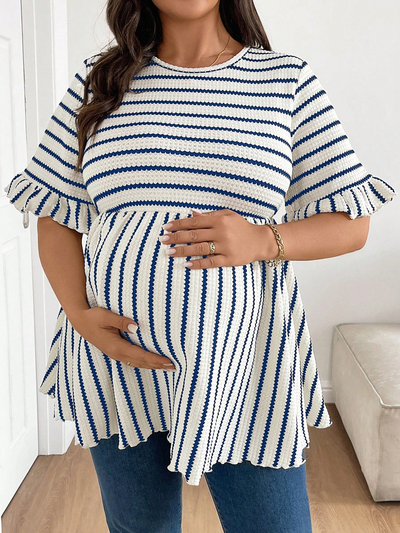 Plus Size Maternity Striped Print Round Neck Casual Short Sleeve Top Fall