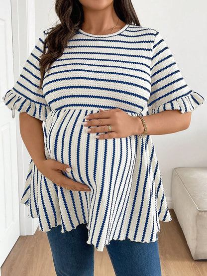 Plus Size Maternity Striped Print Round Neck Casual Short Sleeve Top Fall