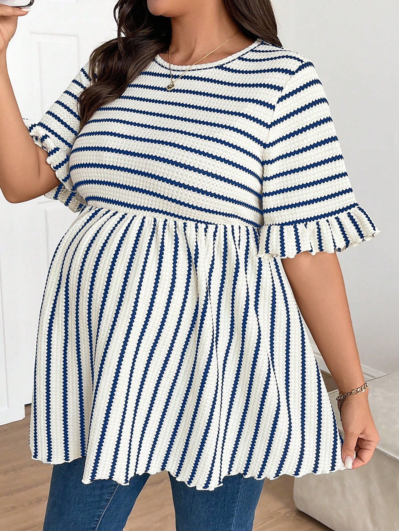 Plus Size Maternity Striped Print Round Neck Casual Short Sleeve Top Fall