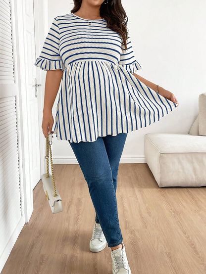 Plus Size Maternity Striped Print Round Neck Casual Short Sleeve Top Fall