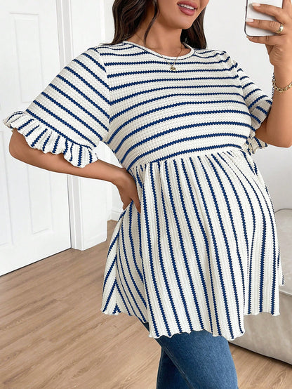 Plus Size Maternity Striped Print Round Neck Casual Short Sleeve Top Fall